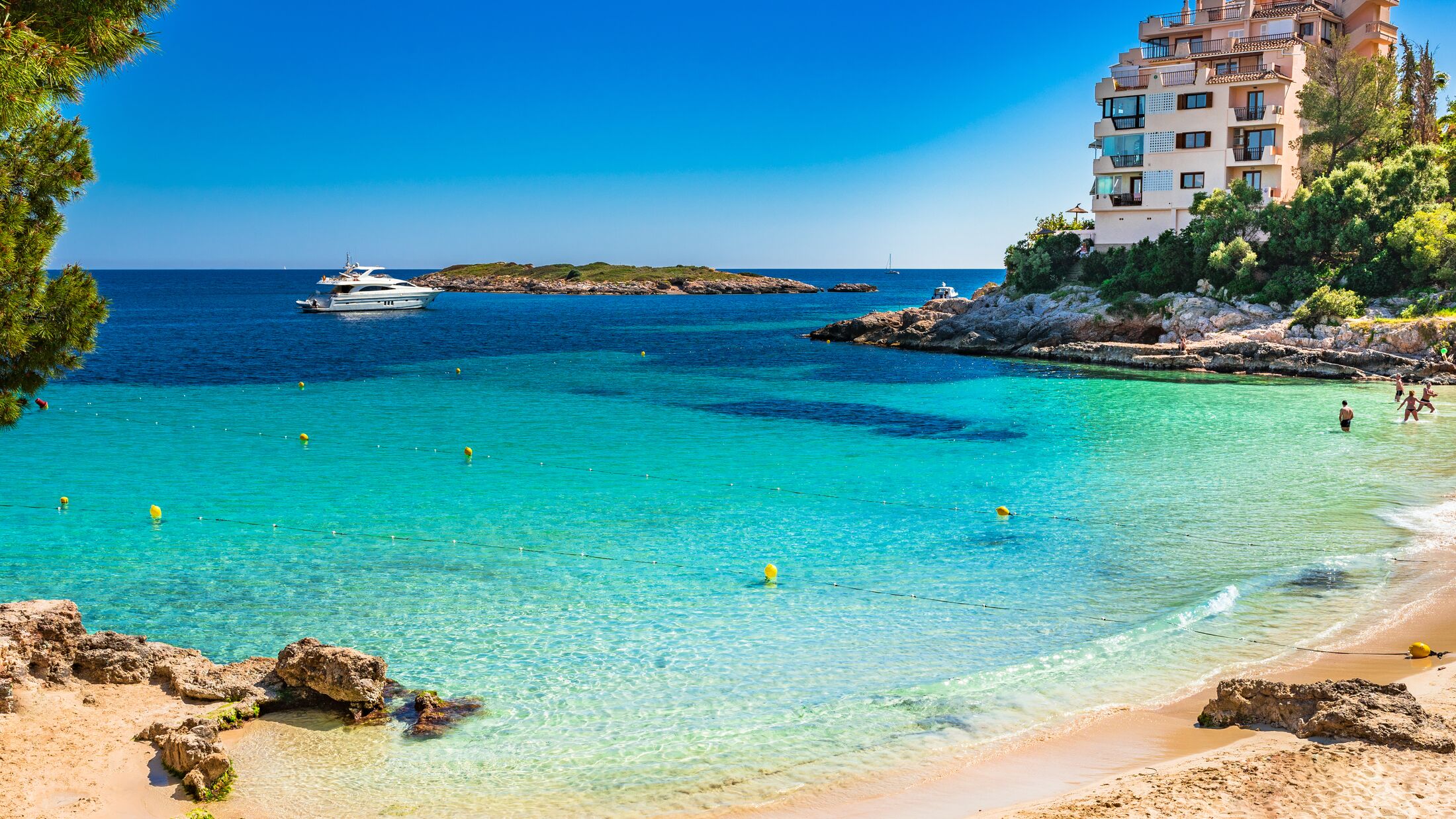 Spain Majorca, beautiful bay beach of Platja d'Illetes, Mediterranean Sea, Balearic Islands.