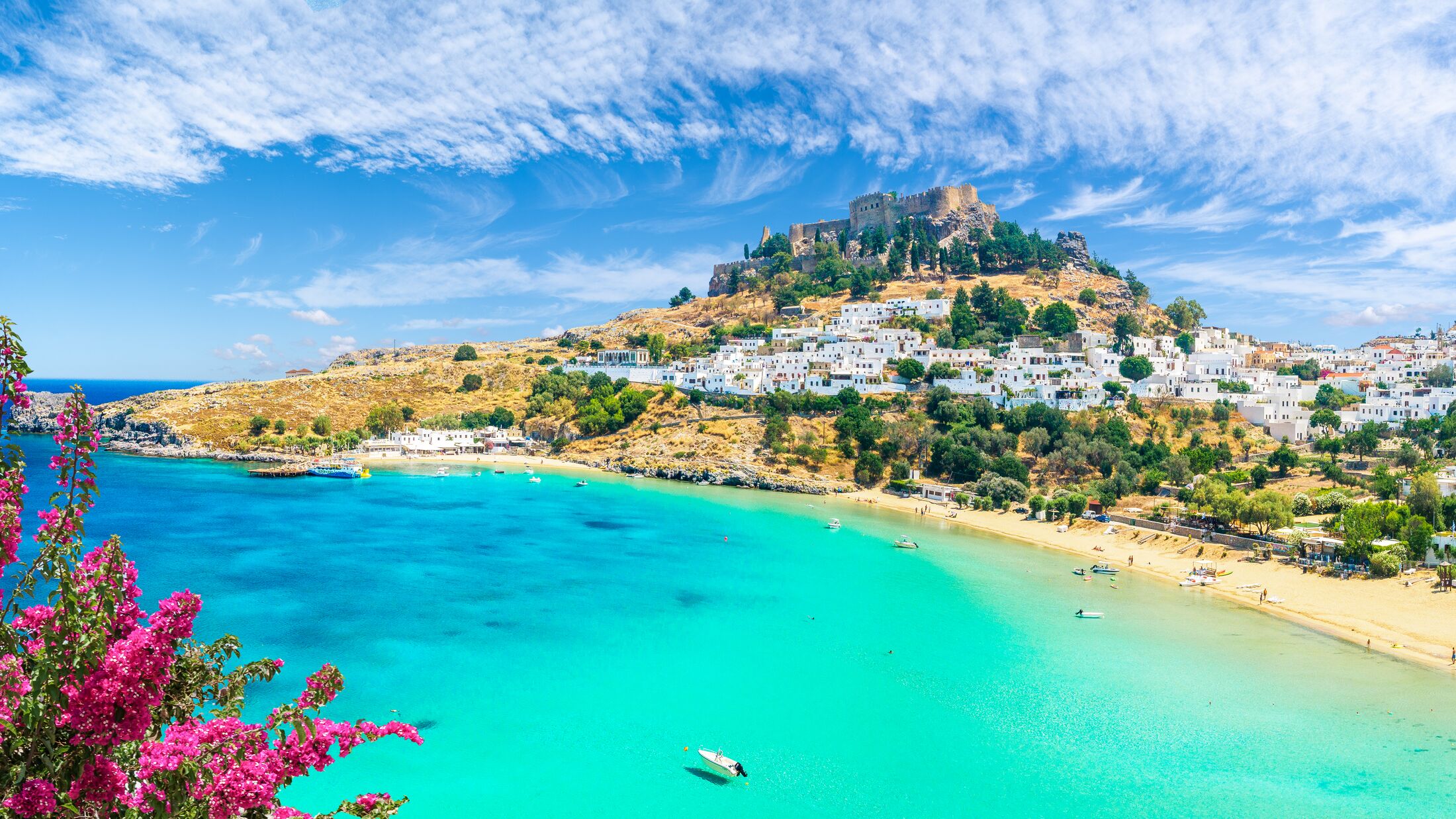 Landscape with beach and castle at Lindos village of  Rhodes, Greece