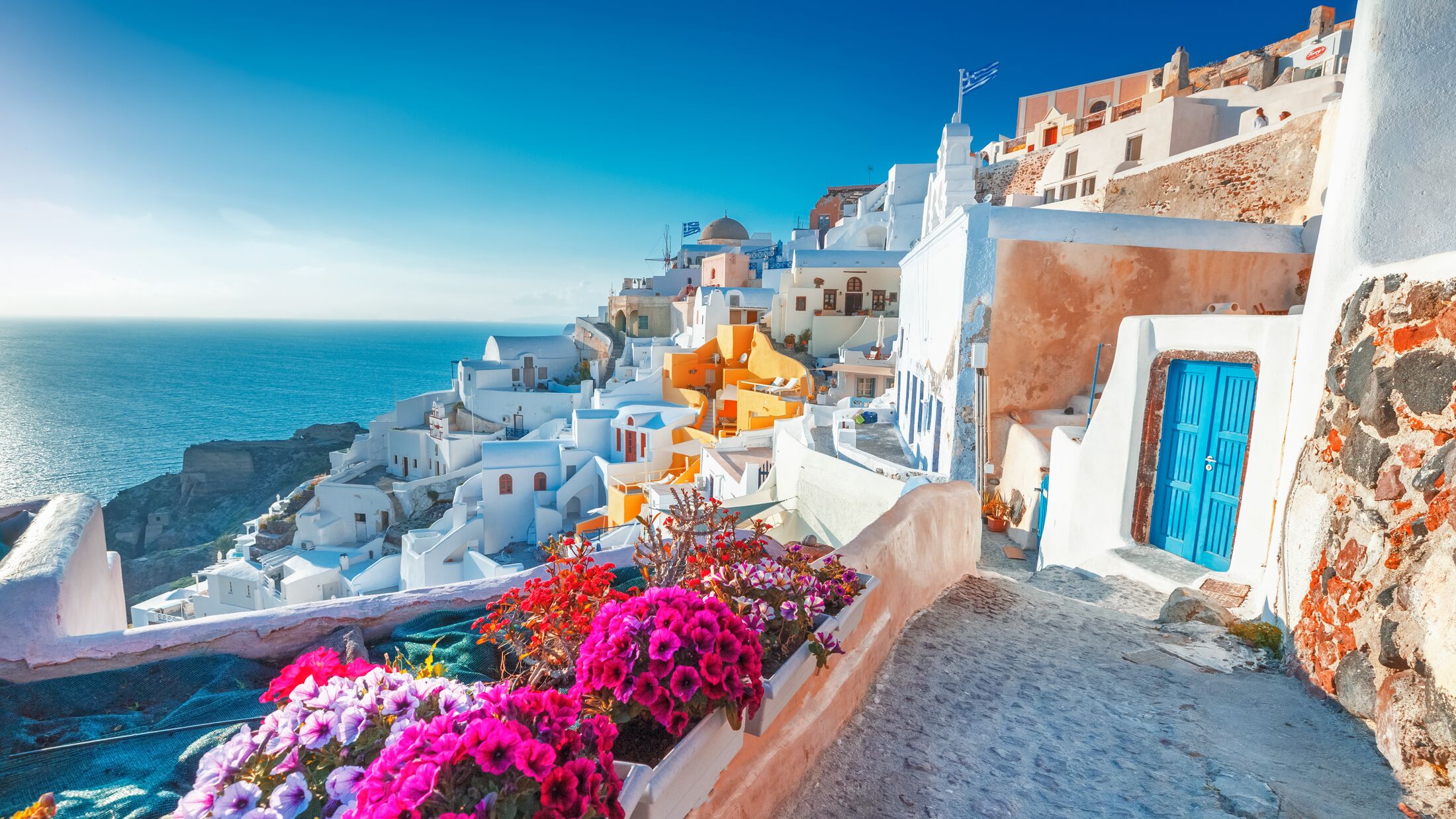 Santorini, Greece. Picturesq view of traditional cycladic Santorini houses on small street with flowers in foreground. Location: Oia village, Santorini, Greece. Vacations background.