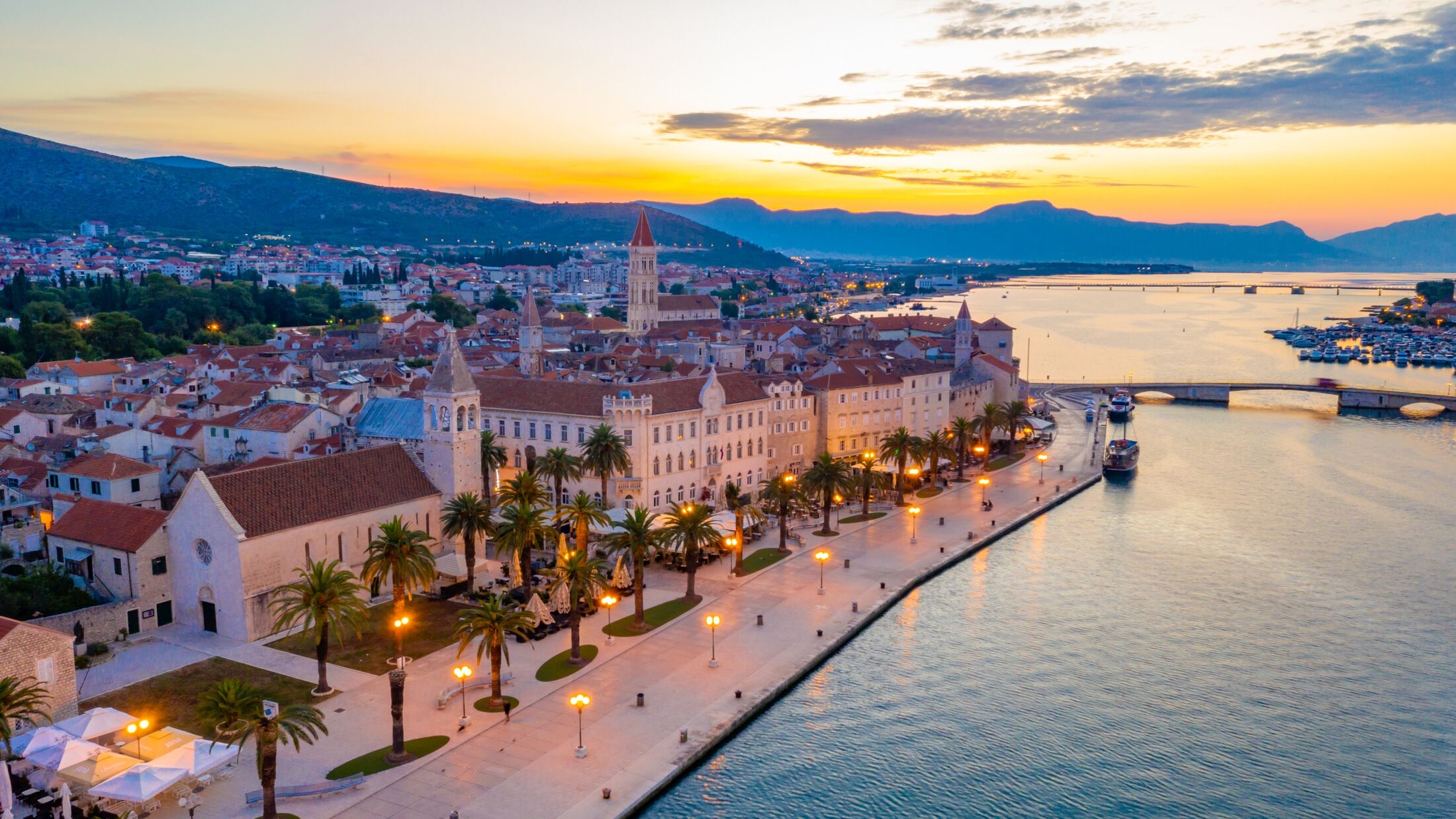 Sunrise view of seaside of Croatian town Trogir